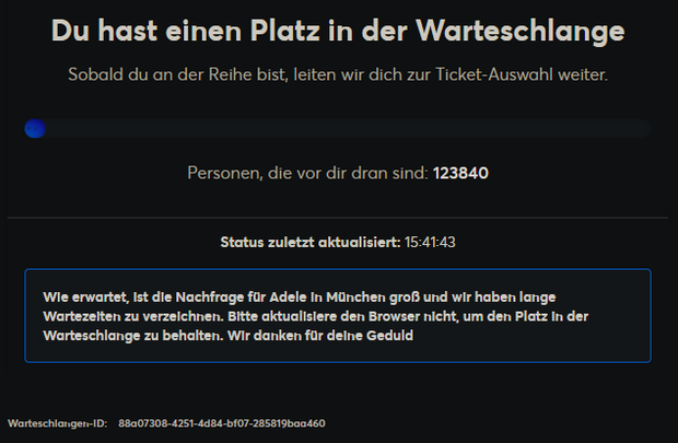 Versuch, am Donnerstagnachmittag Adele-Tickets zu kaufen: 123.840 Menschen vor einem in der digitalen Warteschlange.