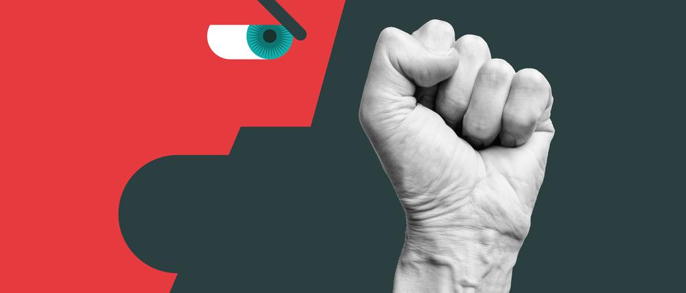Modern collage with shouting human with raised fist.