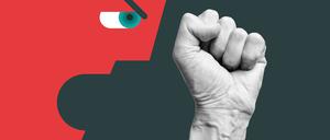 Modern collage with shouting human with raised fist.