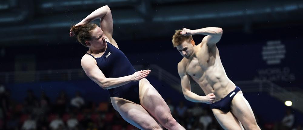 Die Deutschen Alexander Lube und Jana Lisa Rother belegten im Mixed-Synchronspringen vom Drei-Meter-Brett den neunten Platz.