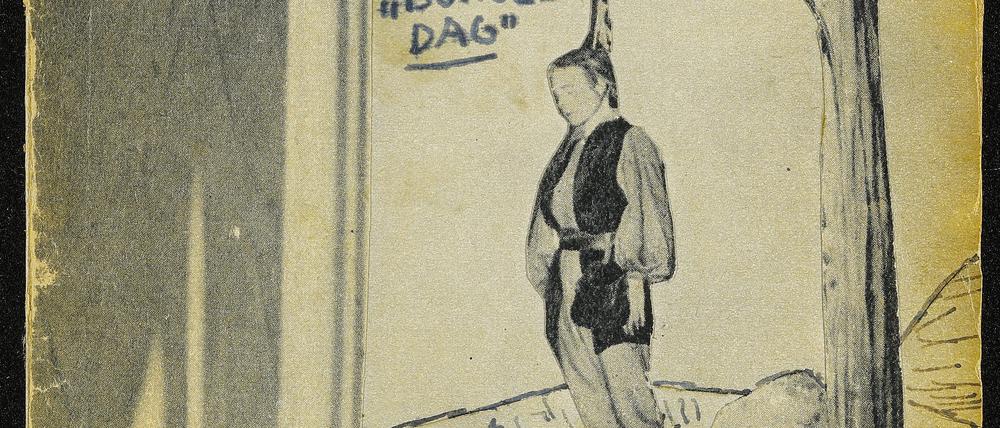 Ausstellung Curt Bloh im Jüdischen Museum,
Kampf gegen Kollaborateure. Das Cover zu seinem Gedicht „Baumeltag“ vom 20. November 1943.