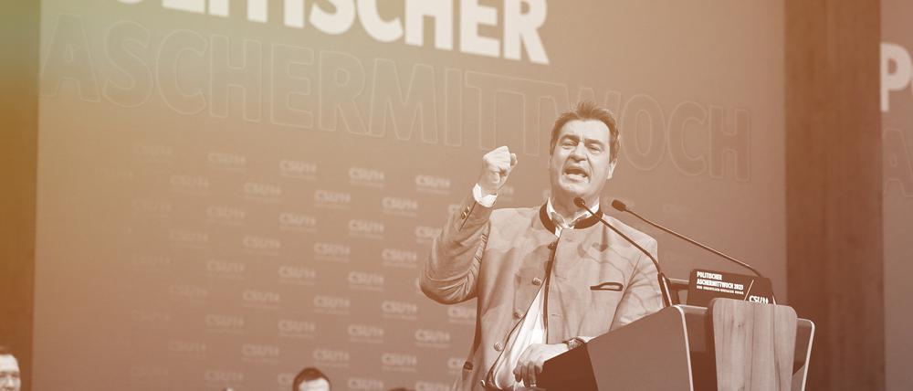 Markus Söder beim Politischen Aschermittwoch der CSU 2023 in der Dreilanderhalle in Passau. 