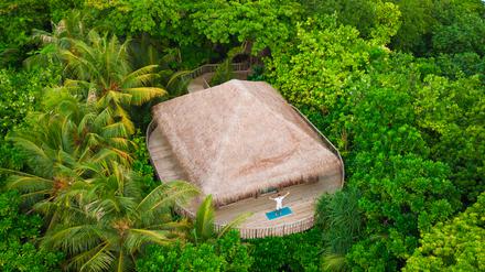 In Soneva Fushi bedankt sich ein Yogi für einen weiteren Tag ohne Zerrungen. 