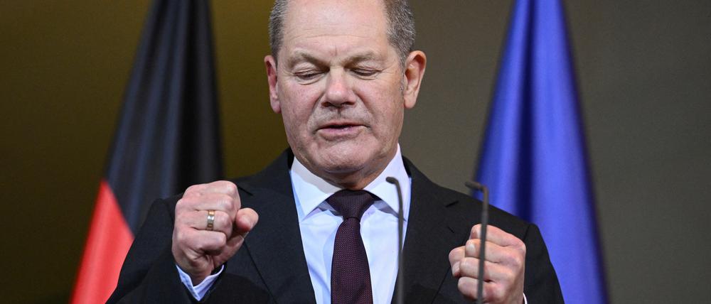 German Chancellor Olaf Scholz speaks during a press conference with Polish Prime Minister Donald Tusk (not pictured), at the Chancellery in Berlin, Germany February 12, 2024. REUTERS/Annegret Hilse