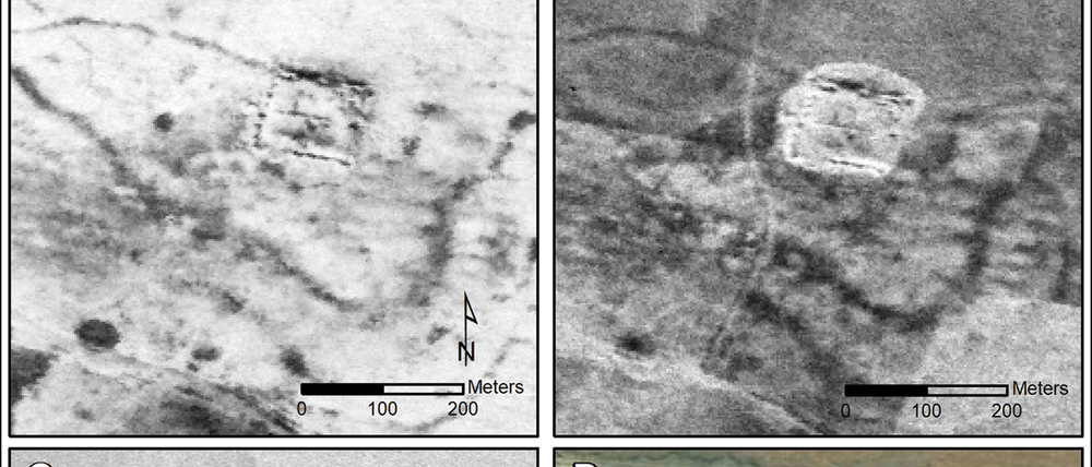 Ein Castellum in Tell Brak auf Spionagesatellitenbildern von 1967 (A), 1968 (B), 1974 (C) – mit freundlicher Genehmigung des US Geological Survey – und auf einem modernen Satellitenbild (D).