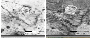 Ein Castellum in Tell Brak auf Spionagesatellitenbildern von 1967 (A), 1968 (B), 1974 (C) – mit freundlicher Genehmigung des US Geological Survey –  und auf einem modernen Satellitenbild (D).