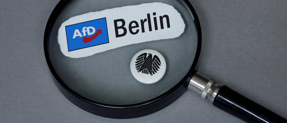 Eine Lupe auf dem Logo der Berliner AfD und dem Bundesadler (Symbolbild).