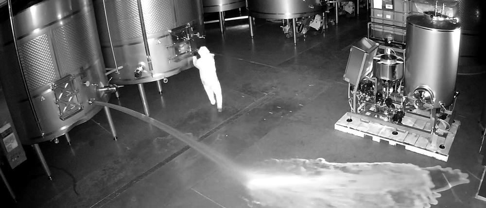 19.02.2024, Spanien, Ribera del Duero: Auf dieser Aufnahme einer Sicherheitskamera ist eine Person zu sehen, die im Lagerraum des Weinguts Cepa 21 Wein verschüttet. Der mutmaßliche Sabotageakt ereignete sich mitten in der Nacht gegen halb vier in der Nacht.