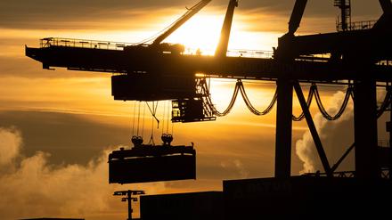 Container werden bei Sonnenaufgang am Terminal Burchardkai verladen. 