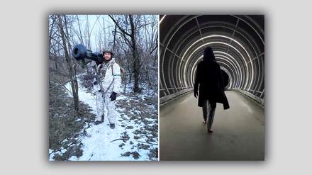Yevgen (links) als Offizier an der Front, Anton, Ukrainer in Berlin, in einem Tunnel.