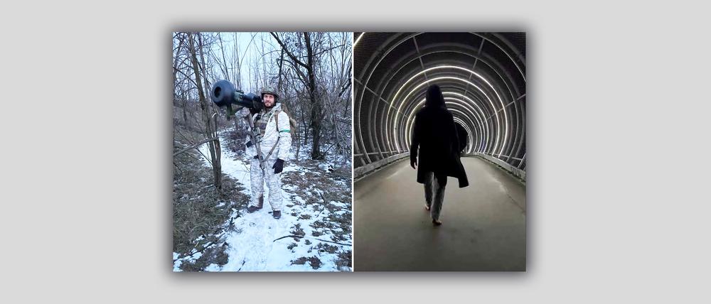 Yevgen (links) als Offizier an der Front, Anton, Ukrainer in Berlin, in einem Tunnel.