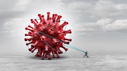 Ein Mann schleppt das Coronavirus hinter sich her (Symbolbild).