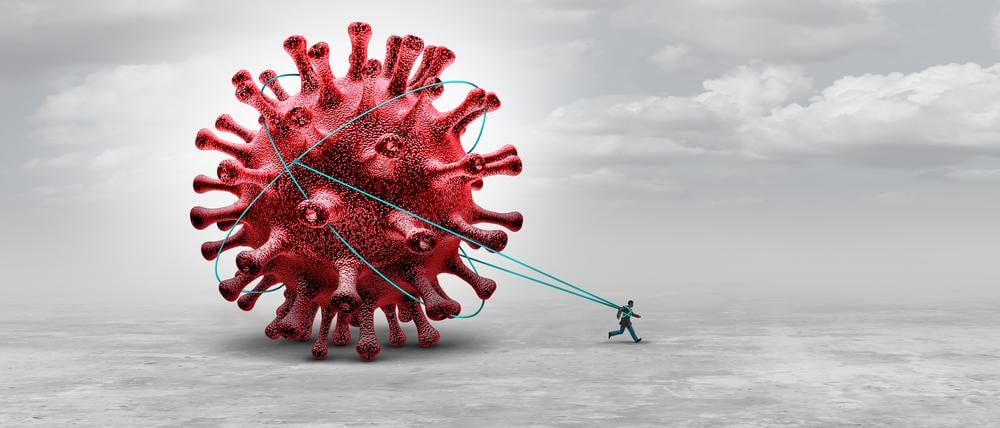 Ein Mann schleppt das Coronavirus hinter sich her (Symbolbild).