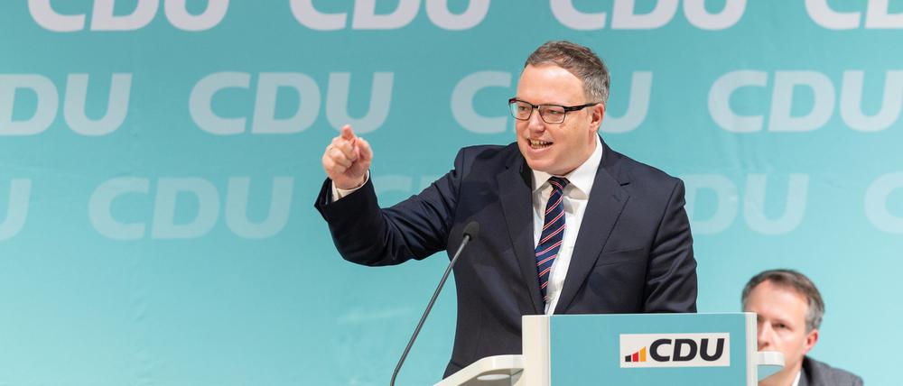 Mario Voigt spricht bei der Landesvertreterversammlung der CDU im Kultur- und Kongresszentrum Festhalle Ilmenau.