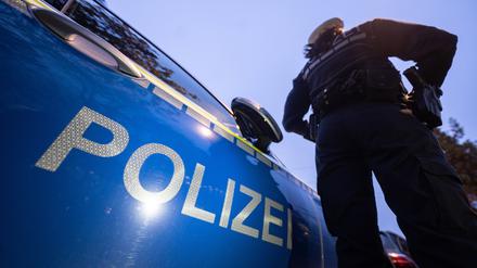 ILLUSTRATION - 30.11.2023, Baden-Württemberg, Stuttgart: Eine Polizistin steht im Rahmen eines Fototermins neben einem Polizeifahrzeug (gestellte Szene). (zu dpa: «Mann tötet 37 Jahre alten Mainzer») Foto: Marijan Murat/dpa +++ dpa-Bildfunk +++