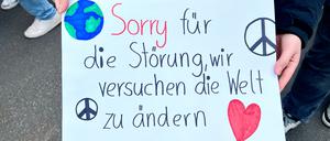 „Sorry für die Störung, wir versuchen die Welt zu ändern.“ Plakat einer jungen Demonstrantin, gesehen in Steglitz-Zehlendorf.