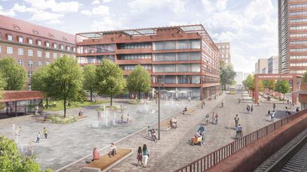 Hier ist Baustart. Die Simulation zeigt den Blick vom S-Bahnhof auf den künftigen Stadtplatz und die 400 Meter lange Bummelmeile mit Cafés, Büros, Wohnungen und einer Schule.