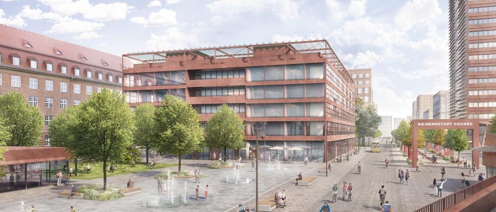 Hier ist Baustart. Die Simulation zeigt den Blick vom S-Bahnhof auf den künftigen Stadtplatz und die 400 Meter lange Bummelmeile mit Cafés, Büros, Wohnungen und einer Schule.
