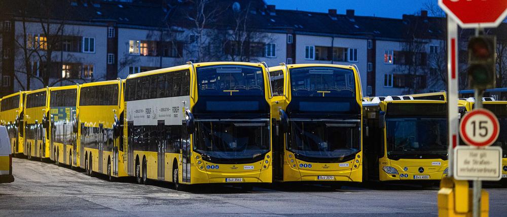 Mehrere gelbe Busse der BVG stehen nebeneinander auf einem Busbahnhof. (Symbolbild)