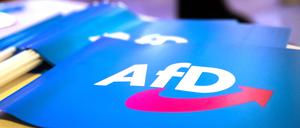 Fähnchen mit dem Logo der AfD liegen auf einem Tisch.