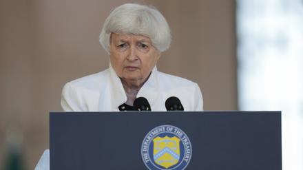 Janet Yellen, Finanzministerin der USA, gibt einen Tag vor dem Treffen der G20-Finanzminister und Zentralbankgouverneure eine Pressekonferenz.