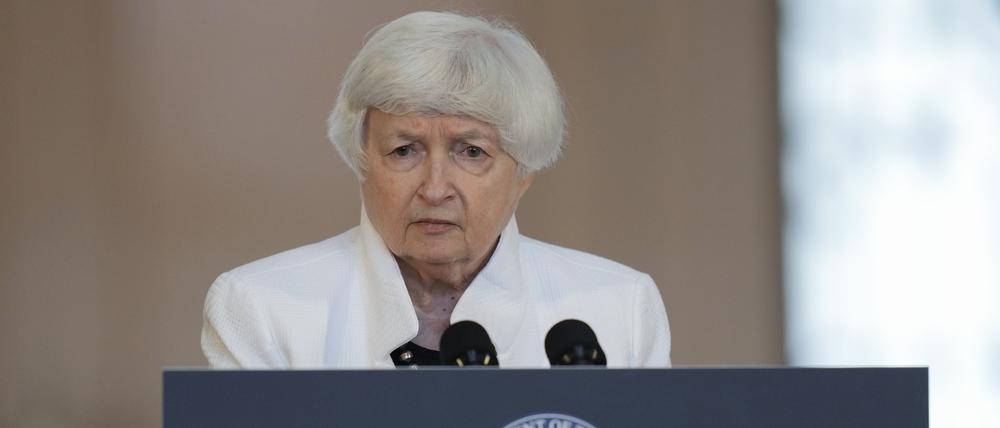 Janet Yellen, Finanzministerin der USA, gibt einen Tag vor dem Treffen der G20-Finanzminister und Zentralbankgouverneure eine Pressekonferenz.