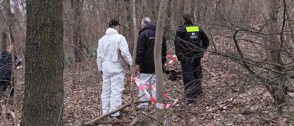 Kriminaltechniker stehen im Gestrüpp an einer Fundstelle. Im Berliner Volkspark Prenzlauer Berg ist am Dienstagvormittag der abgetrennte Oberschenkel eines Menschen entdeckt worden.