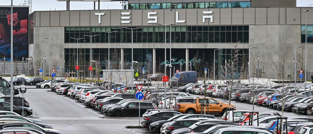 ARCHIV - 20.02.2024, Brandenburg, Grünheide: Das Werk der Tesla-Gigafactory Berlin-Brandenburg. Tesla will neben dem 300 Hektar großen Werksgelände auf einer weiteren Fläche einen Güterbahnhof, Lagerhallen und einen Betriebskindergarten errichten. Dafür sollen mehr als 100 Hektar Wald gerodet werden. (zu dpa: «Aktivisten besetzen Waldstück bei Tesla-Werk in Grünheide») Foto: Patrick Pleul/dpa +++ dpa-Bildfunk +++