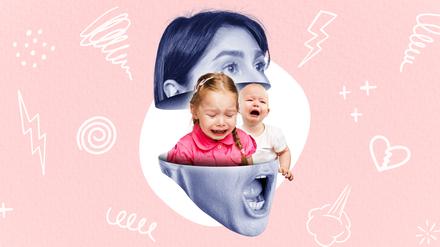 Weinende Kleinkinder und aufgeregte Eltern.