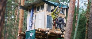 Bei einer Protestaktion gegen die Erweiterung der Tesla-Autofabrik hängen Baumhäuser in den Bäumen, während ein Aktivist auf einen Baum klettert.