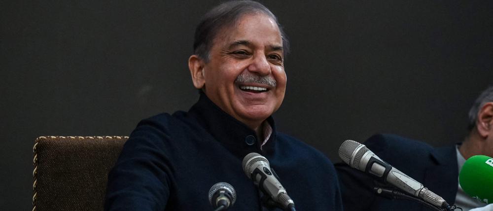 Pakistan's former Prime Minister and leader of the Pakistan Muslim League-Nawaz (PML-N) party Shehbaz Sharif speaks during a press conference in Lahore on February 13, 2024. (Photo by Arif ALI / AFP)