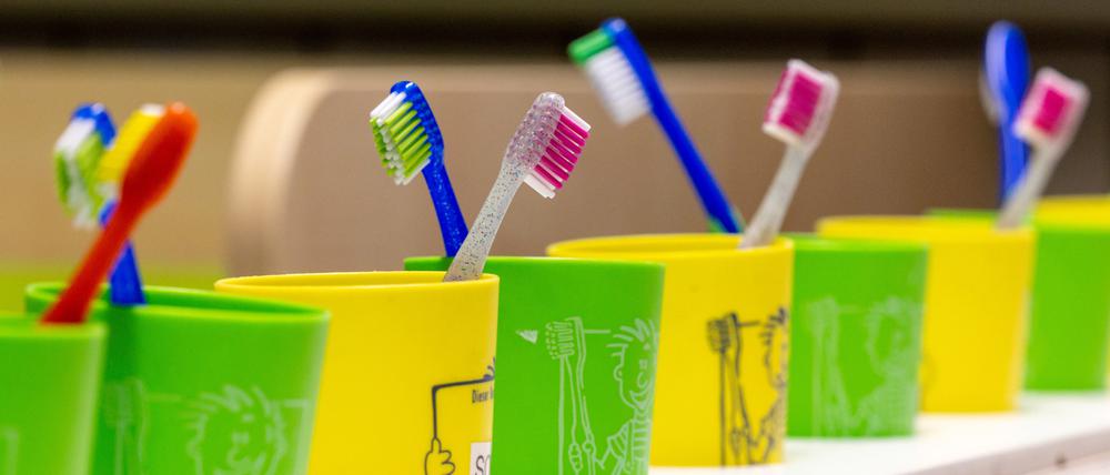Zahnbürsten stehen im Kindergarten.