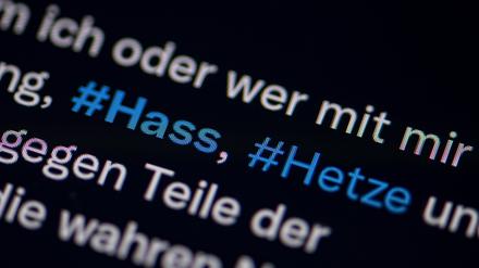 Auf dem Bildschirm eines Smartphones sieht man die Hashtags Hass und Hetze in einem Twitter-Post.