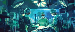 Drei Ärztinnen stehen in einem Operationssaal vor einem Patienten, der auf einem Tisch liegt.