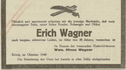 „Plötzlich und unerwartet“ kam der Tod von Erich Wagner nur für seine Familie. Er war zuvor vom Potsdamer „Erbgesundheitsgericht“ zu einer Zwangssterilisation verurteilt worden.