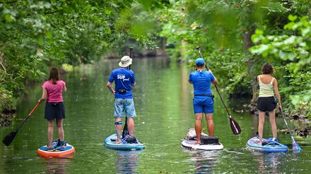 ARCHIV - 20.08.2023, Brandenburg, Burg: Personen sind auf Stand-up Paddle Boards auf einem Fließ (Wasserweg) im Spreewald unterwegs. (zu dpa: «Berliner Bezirke schicken Jugendliche auch in die Ferne») Foto: Patrick Pleul/dpa +++ dpa-Bildfunk +++