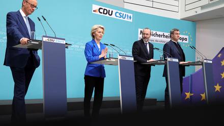 CDU-Chef Friedrich Merz, EU-Kommissionspräsidentin Ursula von dere Leyen, EVP-Fraktionschef Manfred Weber und der CSU-Parteivorsitzende Markus Söder (v.l.n.r.) stellten am Montag in Berlin das Europawahlprogramm von CDU und CSU vor. 