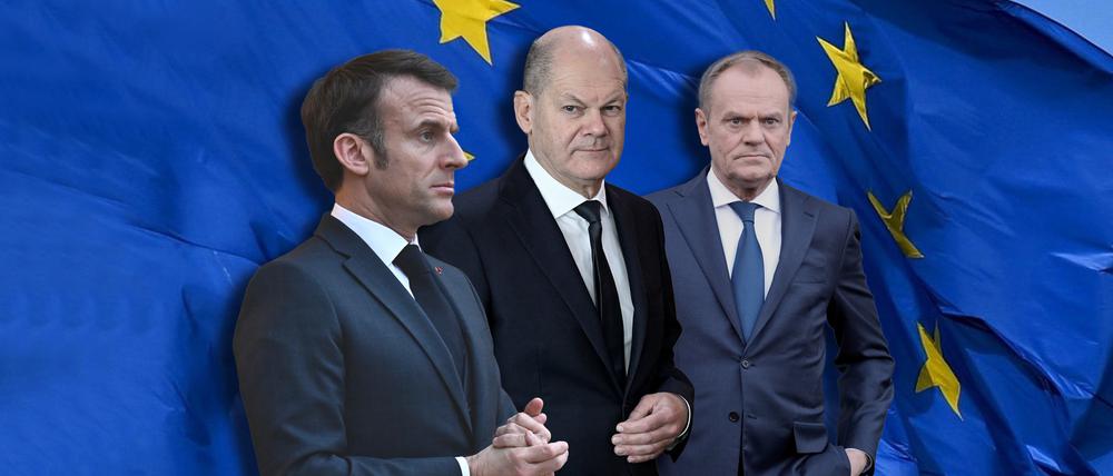 Der französische Präsident Emmanuel Macron, Bundeskanzler Olaf Scholz und der polnische Ministerpräsident Donald Tusk.