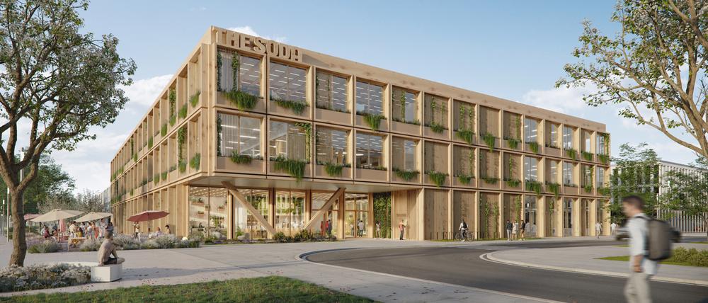 The Soda umfasst Labore und Büros, es wird in Holzhybridbauweise mit begrünter Fassade errichtet.