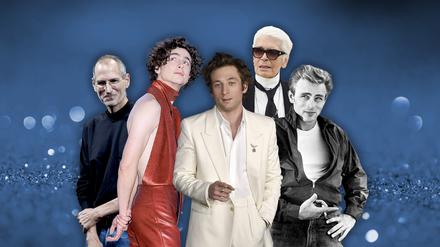 Viele Vorbilder: Von diesen Männern (Steve Jobs, Timothée Chalamet, Jeremy Allen White, Karl Lagerfeld, James Dean) kann man modisch was lernen.
