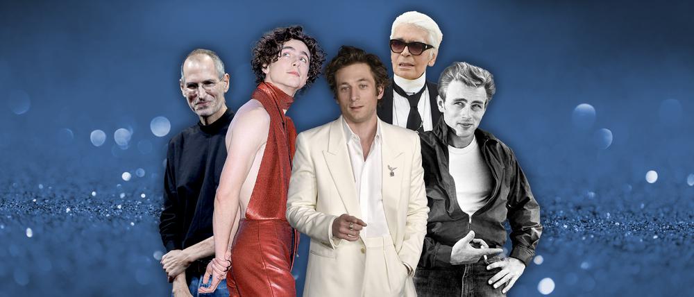 Viele Vorbilder: Von diesen Männern (Steve Jobs, Timothée Chalamet, Jeremy Allen White, Karl Lagerfeld, James Dean) kann man modisch was lernen.