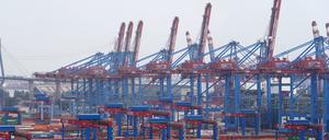 Container stehen im Hamburger Hafen.
