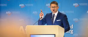 Rene Springer, Kandidat für den Landesvorsitz, spricht auf der Bühne beim Landesparteitag der AfD Brandenburg in der Wiesenhalle.