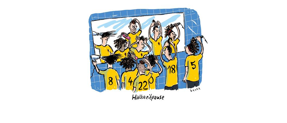 Bettina Bextes Karikatur „Halbzeitpause“ ist einer der Beiträge in der Ausstellung