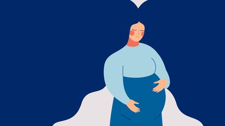 Eine traurige schwangere Frau legt ihre Hände auf den Bauch.