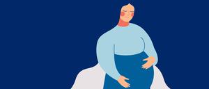 Eine traurige schwangere Frau legt ihre Hände auf den Bauch.