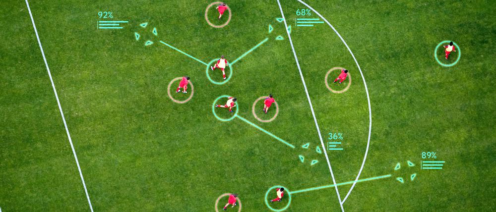 Eine Illustration zeigt die Künstliche Intelligenz „TacticAI“ für die taktische Unterstützung von Eckballsituationen.