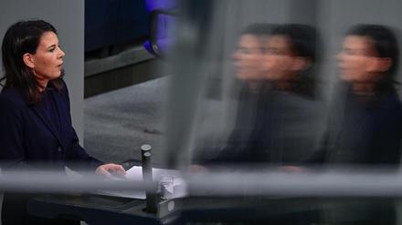 German Foreign Minister Annalena Baerbock addresses a session of the Bundestag, the German lower house of parliament, on the situation in Israel and Gaza, in Berlin on March 21, 2024. (Photo by JOHN MACDOUGALL / AFP)