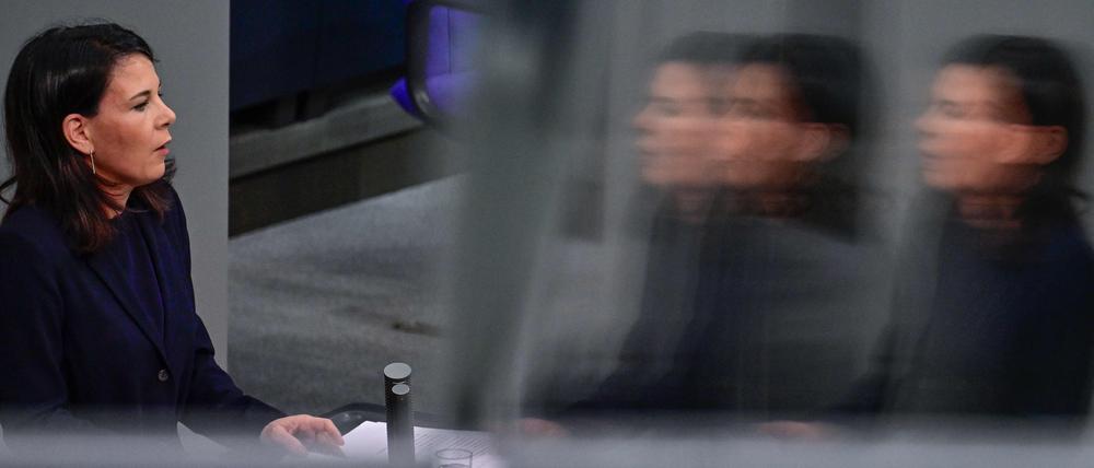 German Foreign Minister Annalena Baerbock addresses a session of the Bundestag, the German lower house of parliament, on the situation in Israel and Gaza, in Berlin on March 21, 2024. (Photo by JOHN MACDOUGALL / AFP)