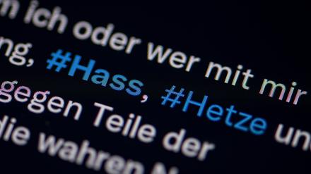 Berlin: Auf dem Bildschirm eines Smartphones sieht man die Hashtags Hass und Hetze in einem Twitter-Post.